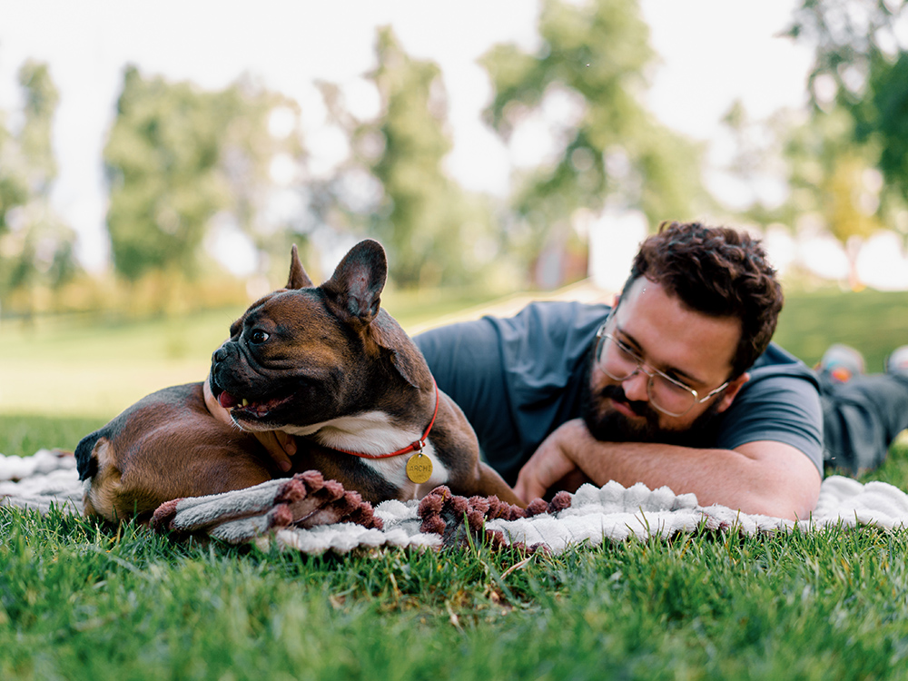 A man with a beard lies on a picnic blanket in a park, gazing warmly at a French Bulldog